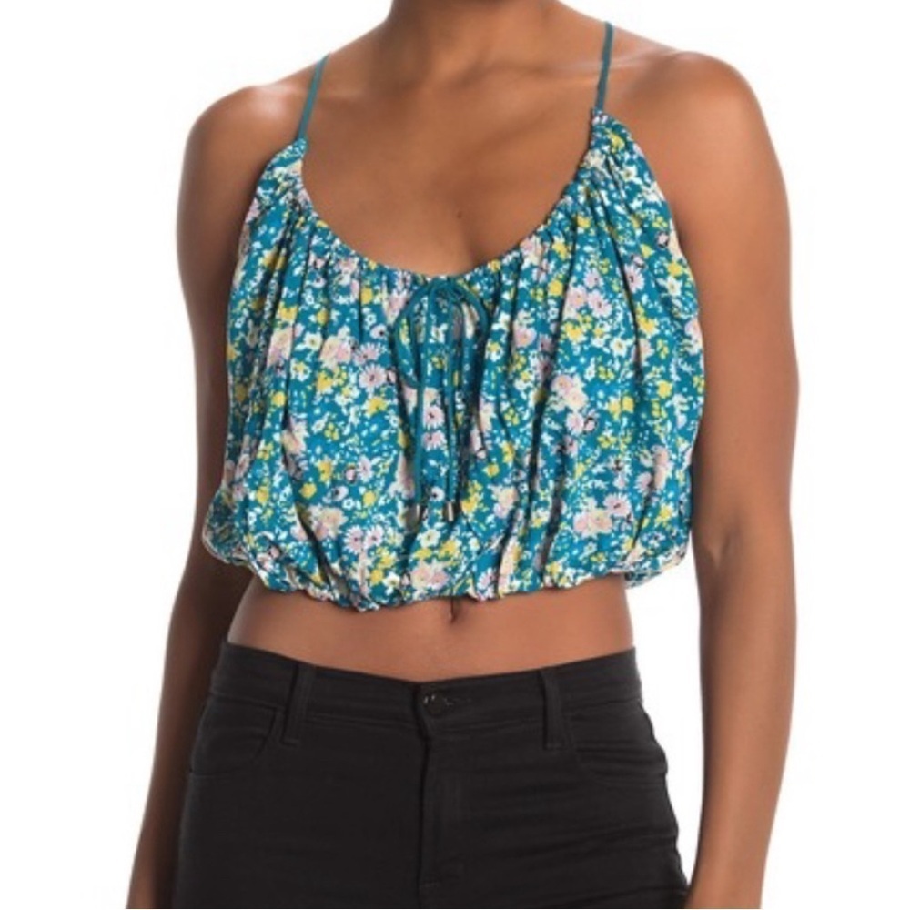Free People Crop Top Camisole Spaghetti Straps Turquoise Floral XS EUC